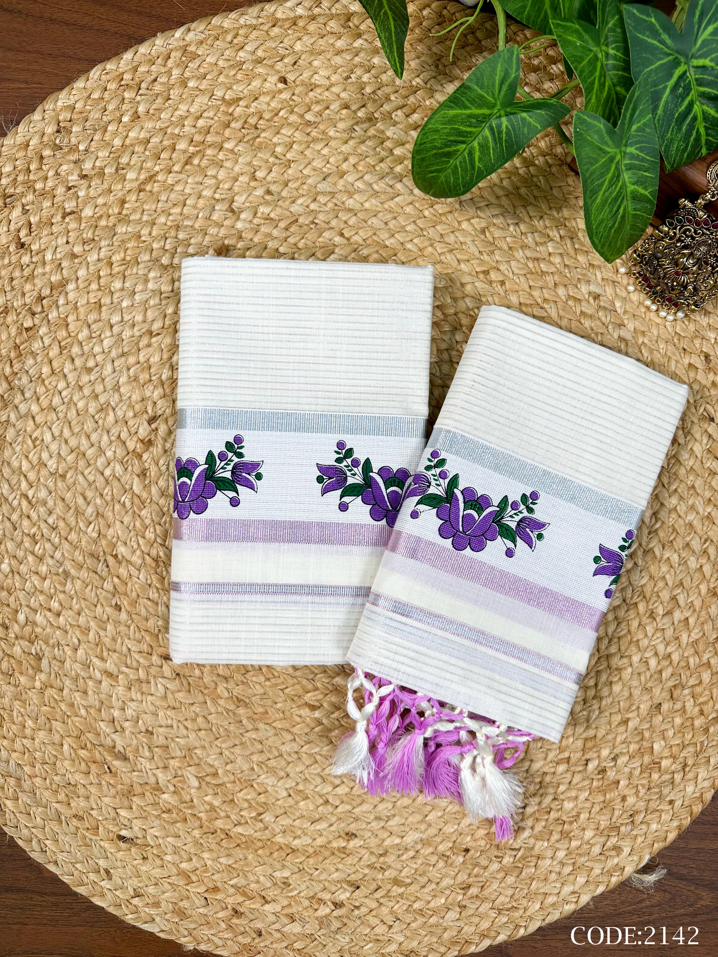 3"Cotton Silver+Pink line Set Mundu Tri color Print with Knjlm
