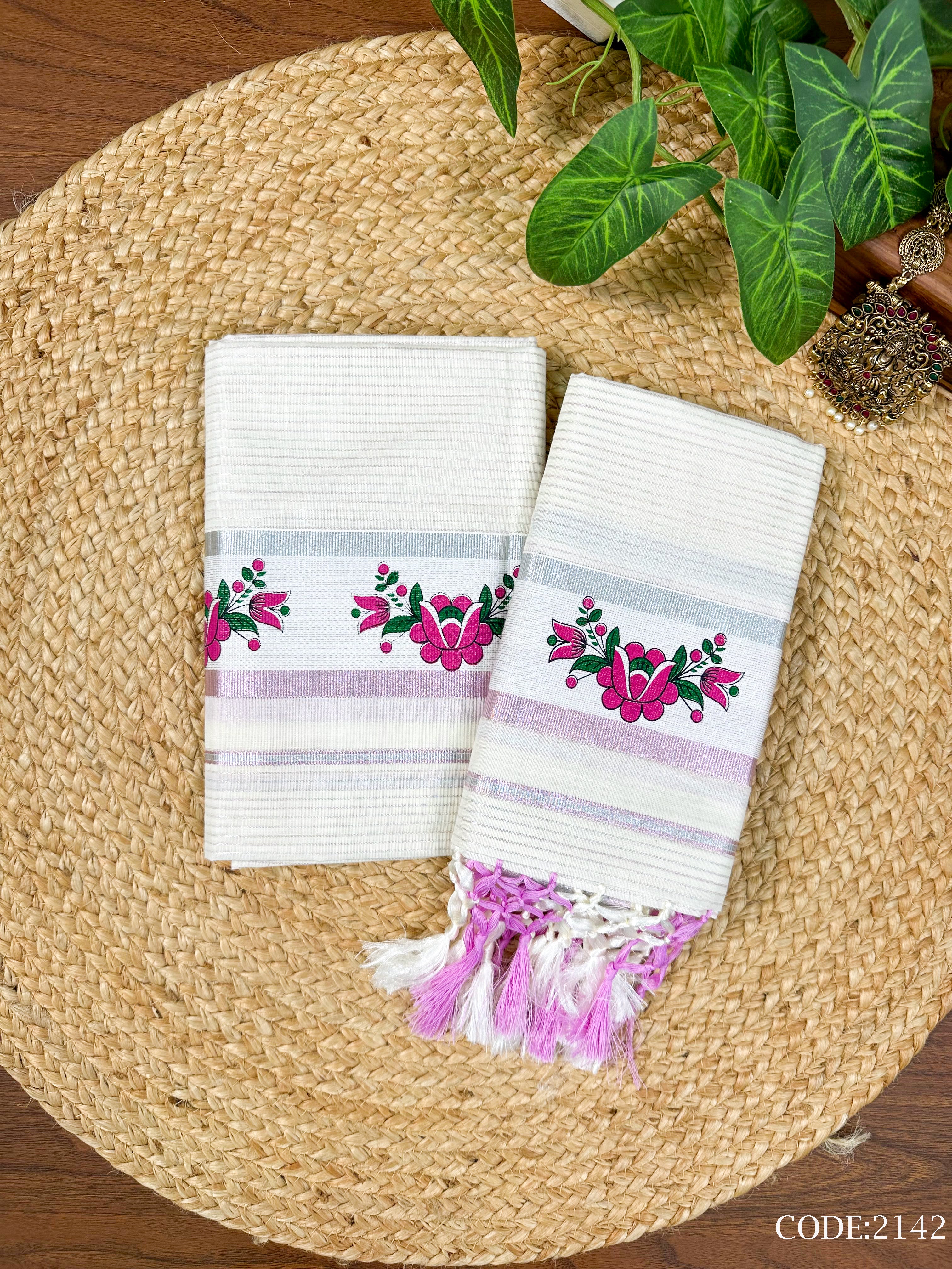 3"Cotton Silver+Pink line Set Mundu Tri color Print with Knjlm
