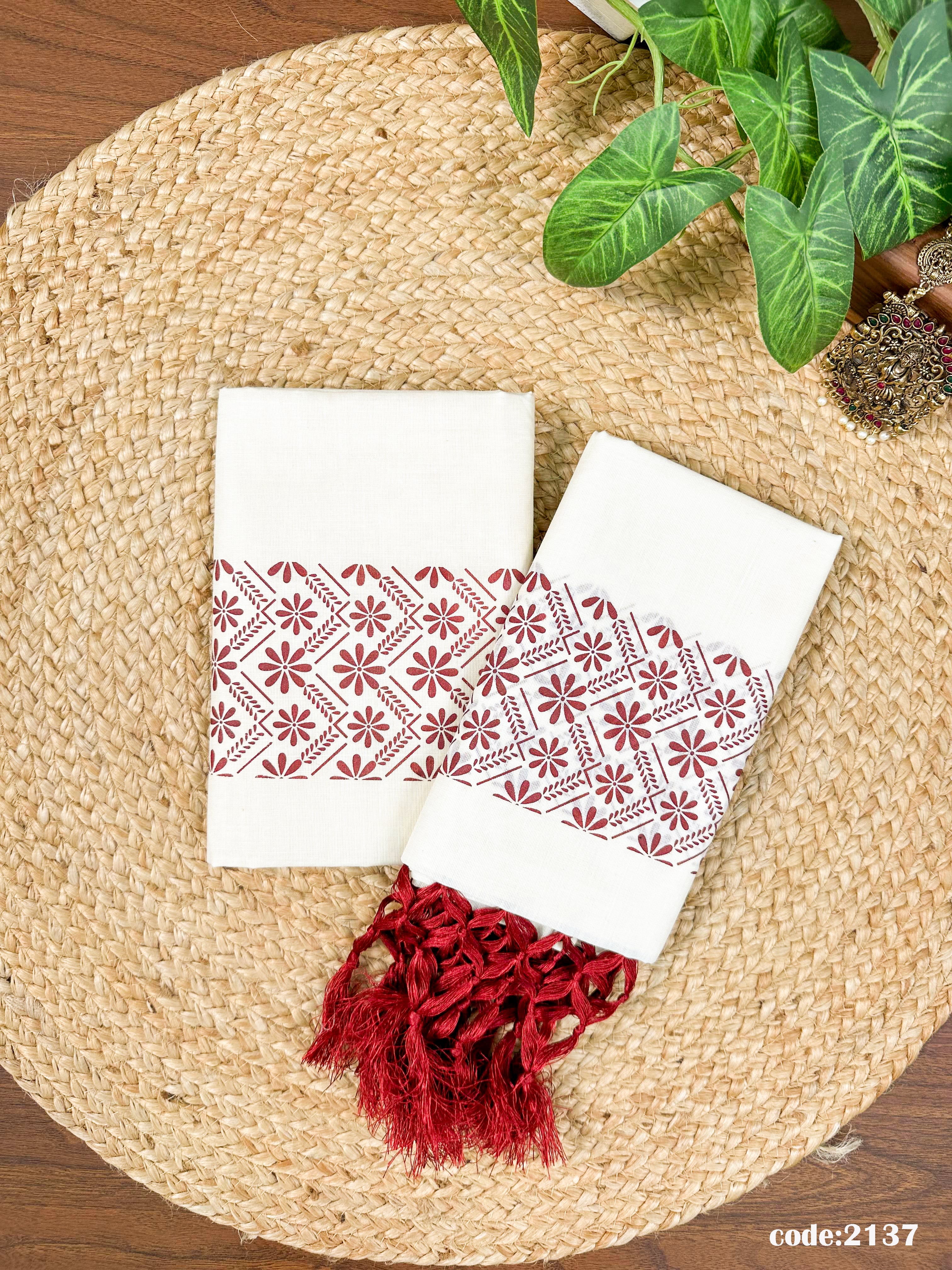 Cotton Gada  Set Mundu Single Clr Print with Knjalm
