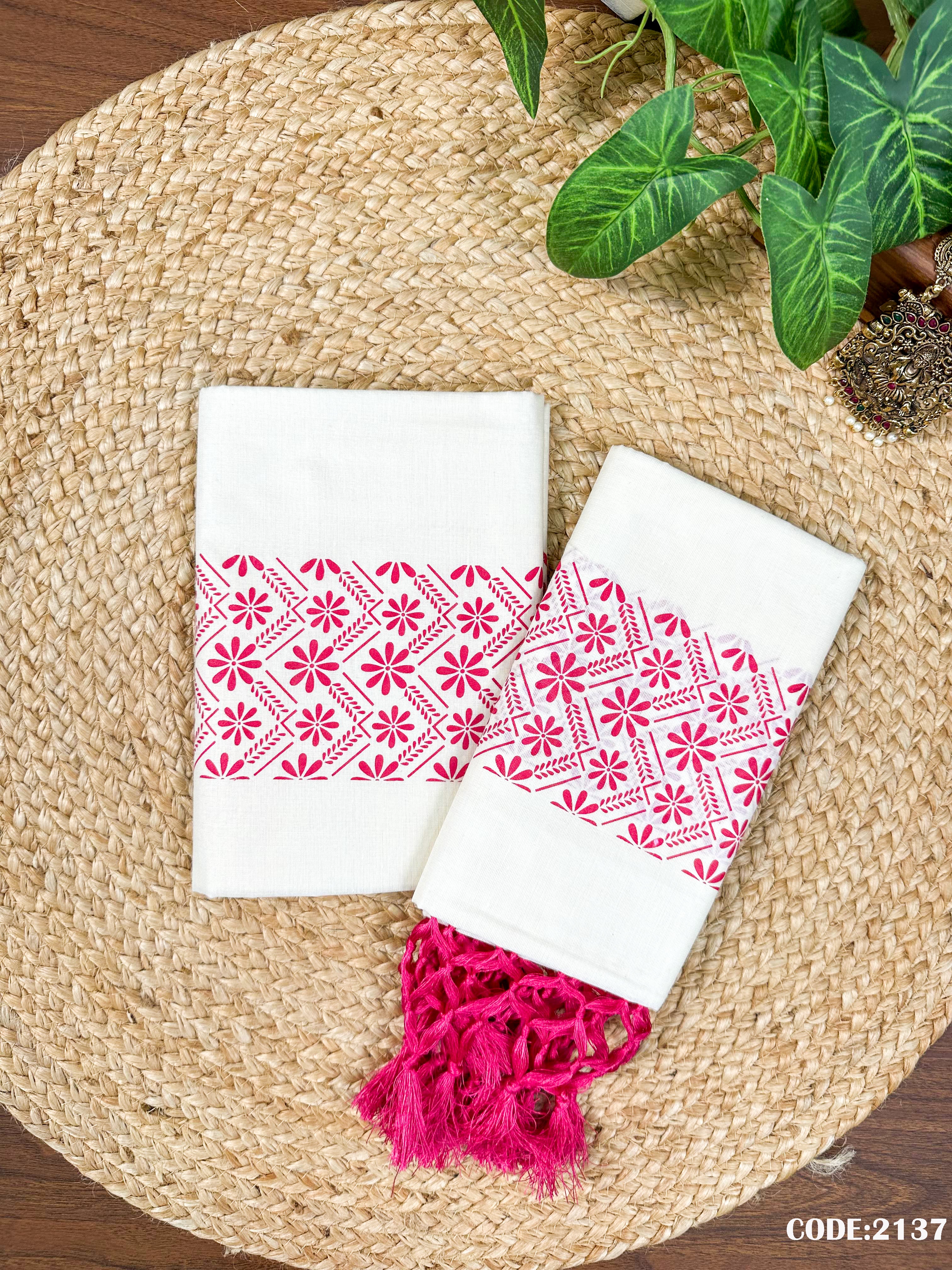 Cotton Gada  Set Mundu Single Clr Print with Knjalm