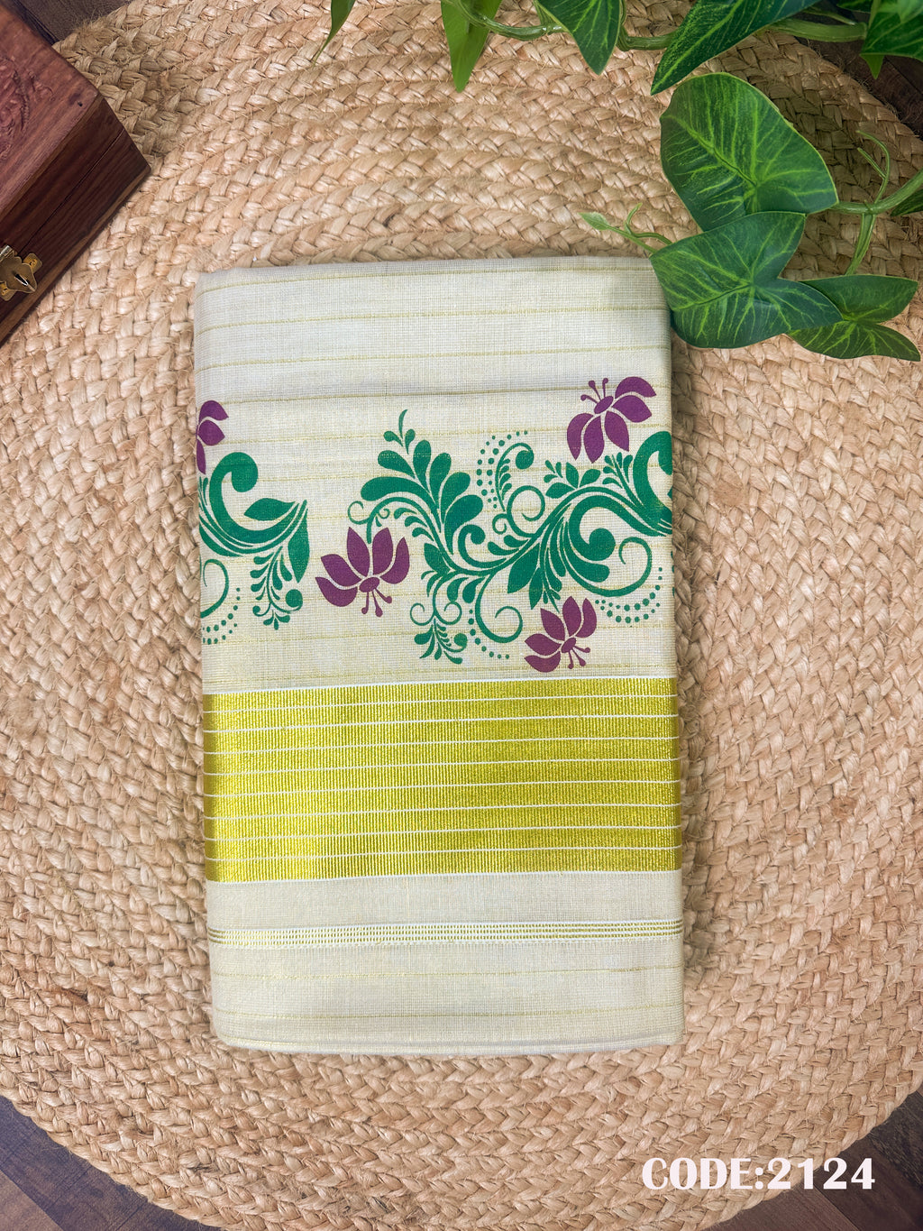 3" Golden Tissue Dual Color Floral Print Stripe Saree