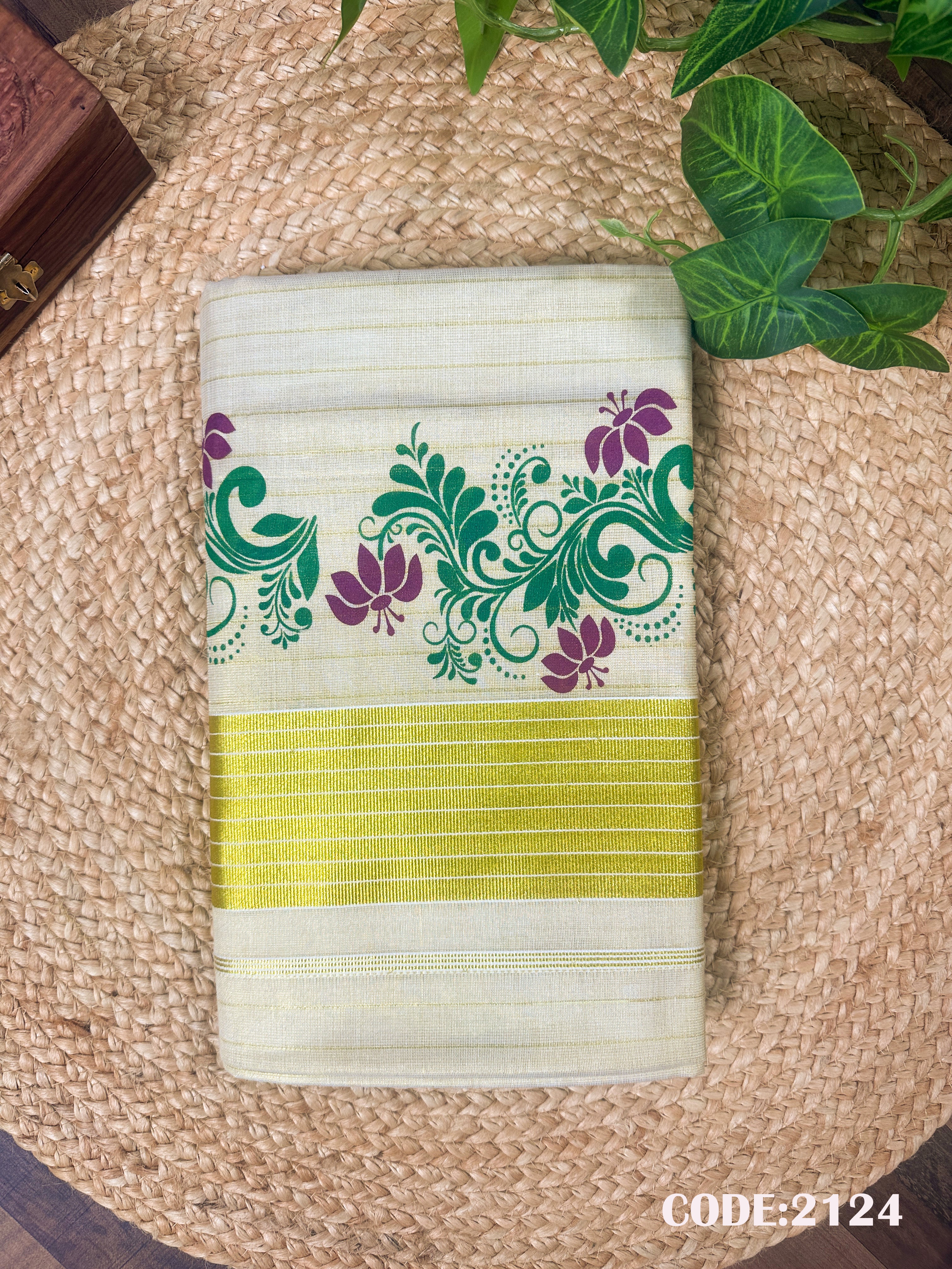 3" Golden Tissue Dual Color Floral Print Stripe Saree