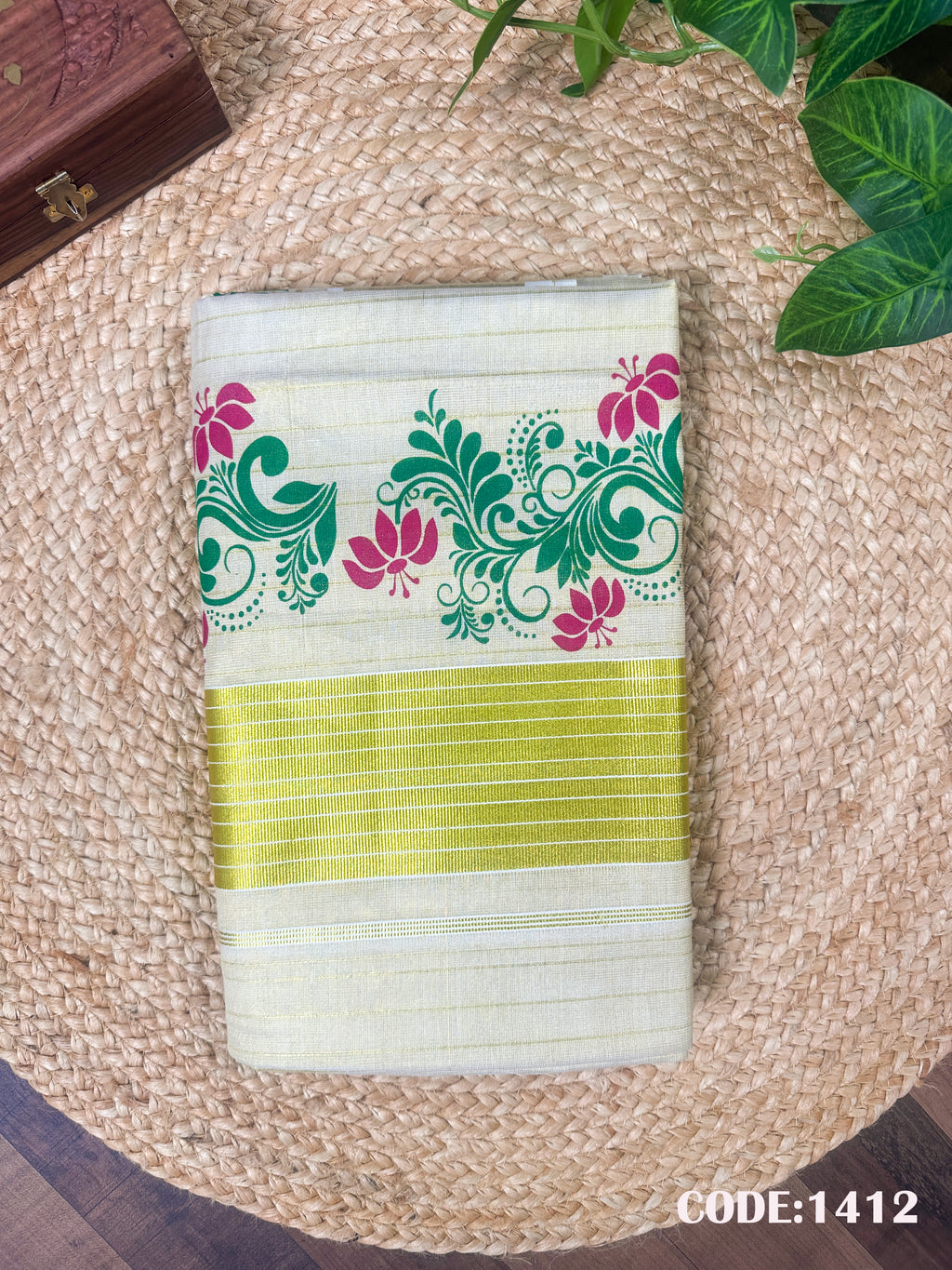 3" Golden Tissue Dual Color Floral Print Stripe Saree