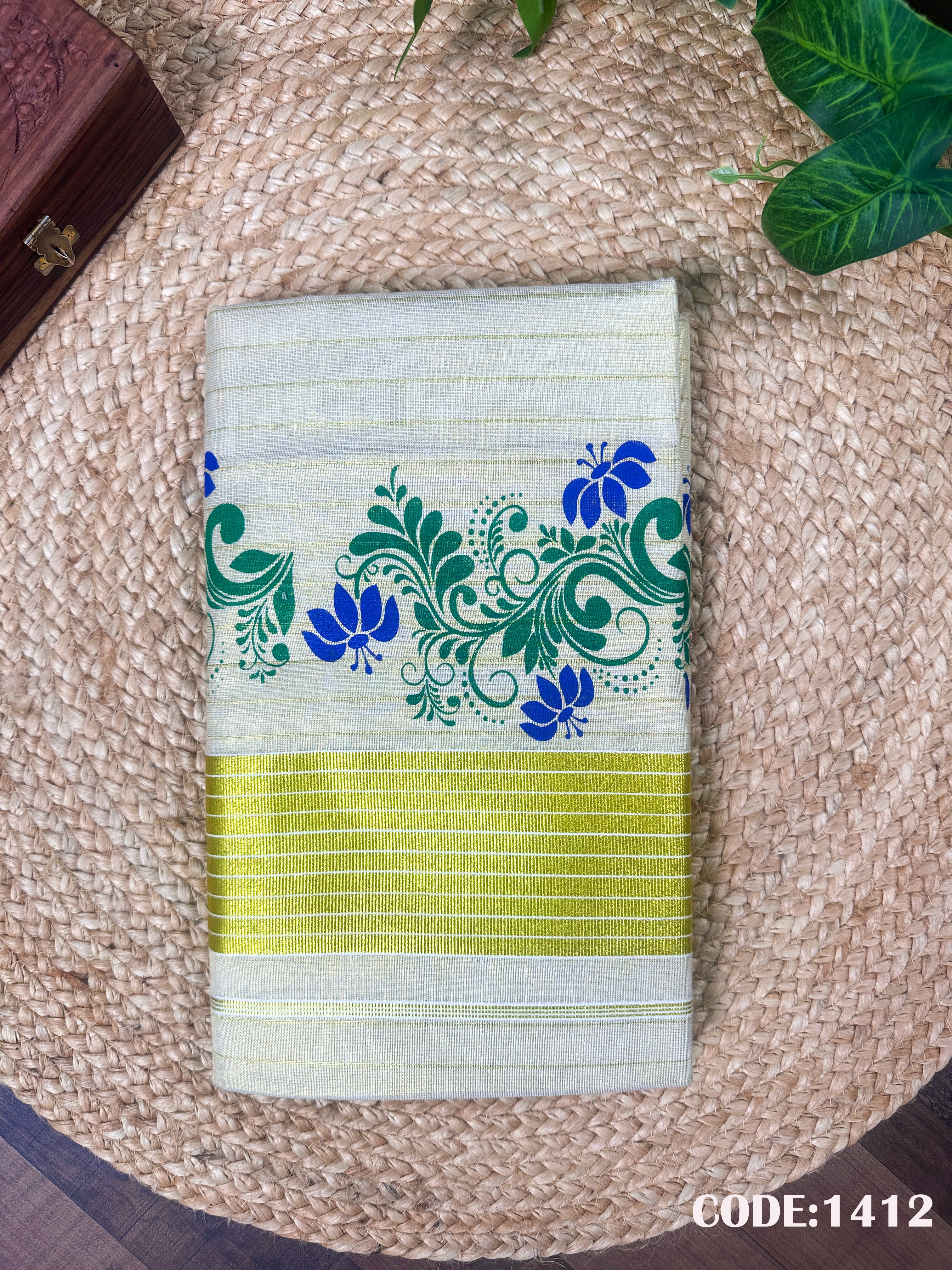 3" Golden Tissue Dual Color Floral Print Stripe Saree