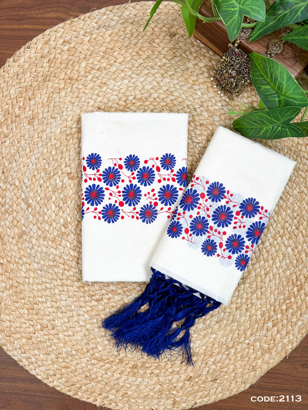 Cotton Gada Print Set Mundu – SS Dual Colour Floral Print with Kunjalam