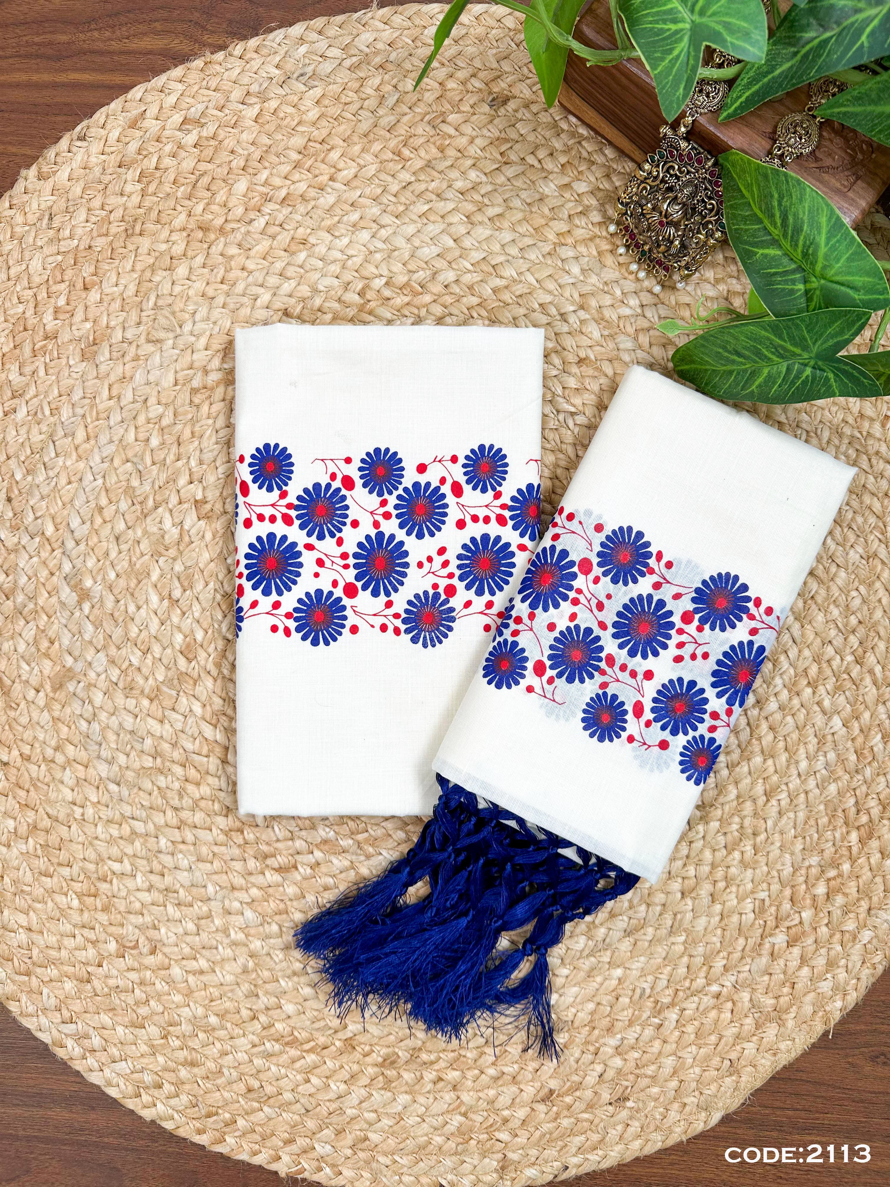 Cotton Gada Print Set Mundu – SS Dual Colour Floral Print with Kunjalam
