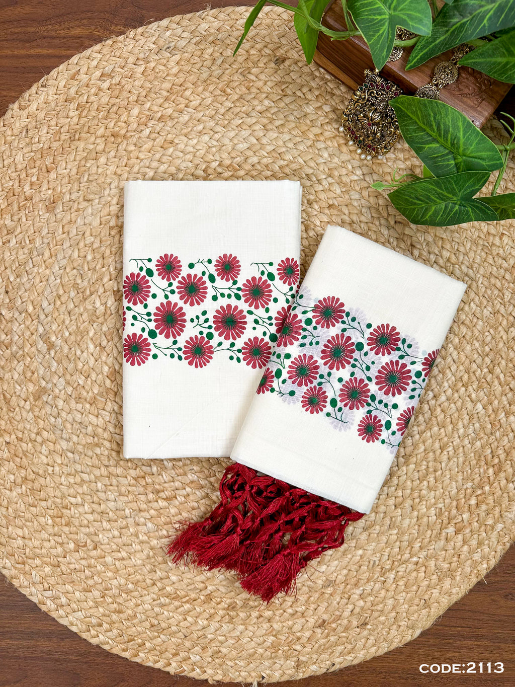 Cotton Gada Print Set Mundu – SS Dual Colour Floral Print with Kunjalam