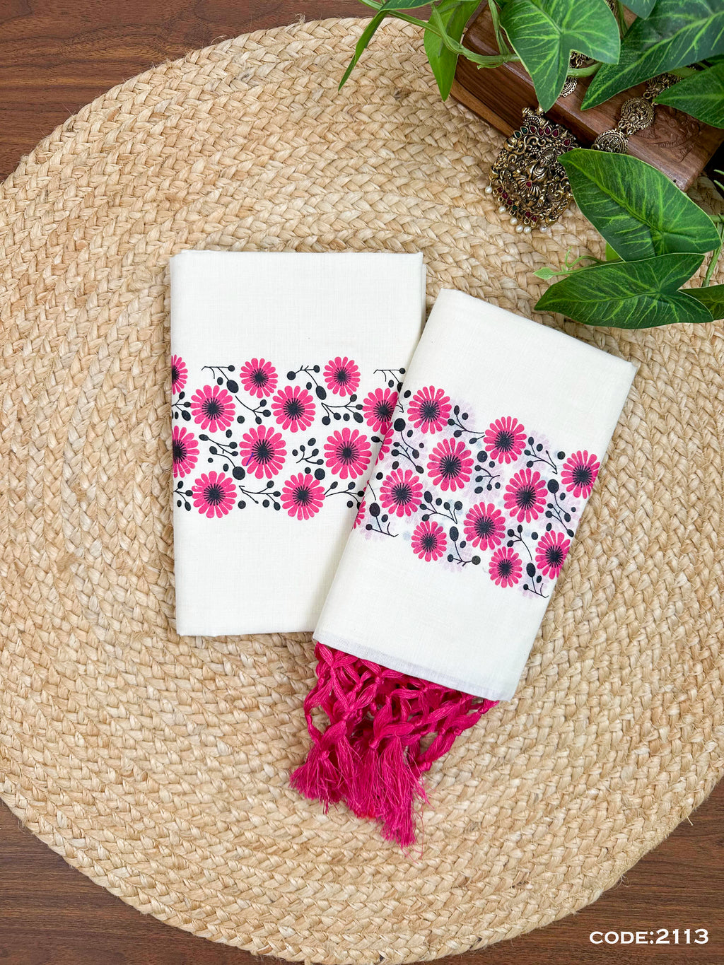 Cotton Gada Print Set Mundu – SS Dual Colour Floral Print with Kunjalam