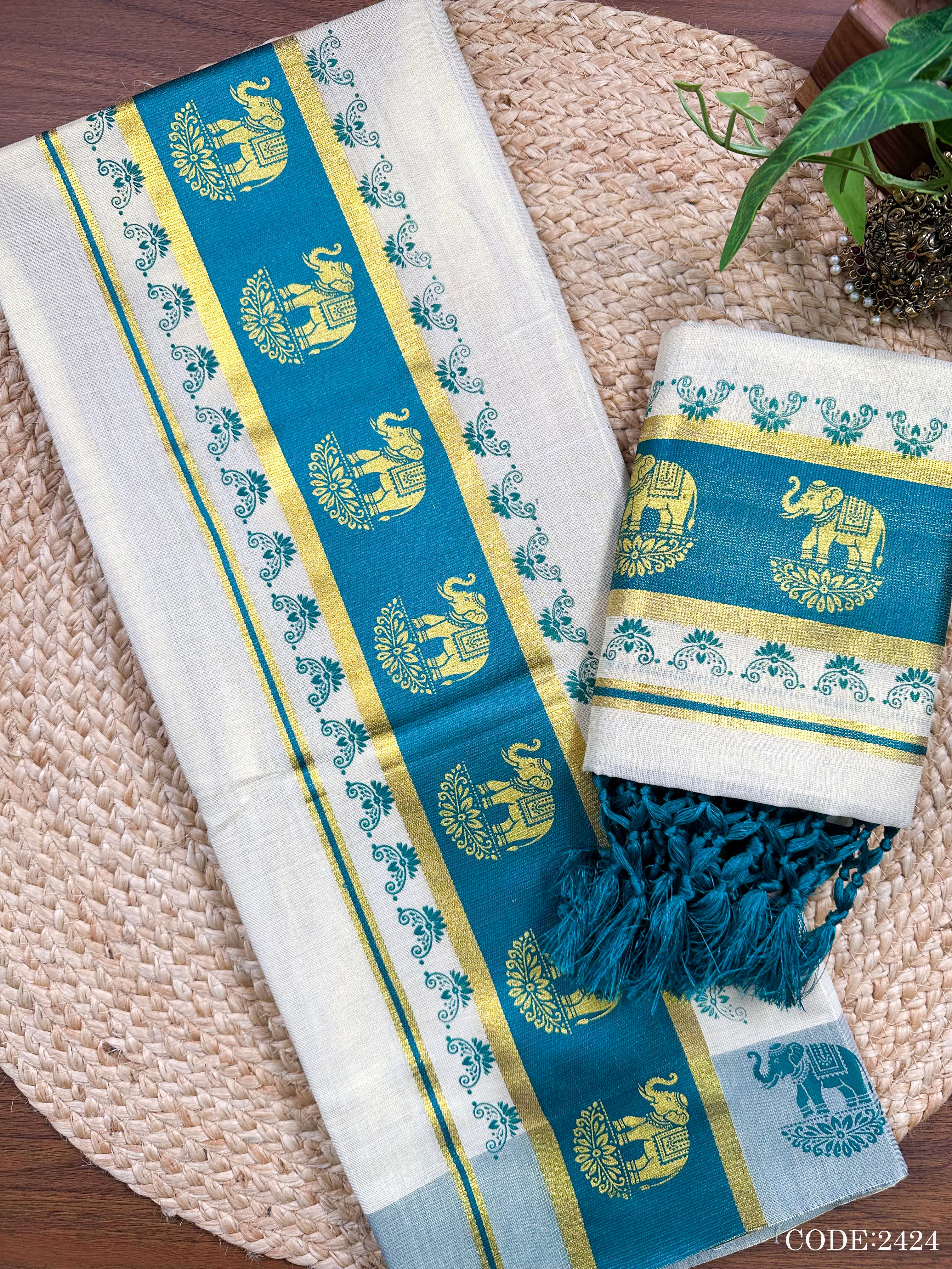 3"GT col Kottaran S.Mundu Elephant print with 2 side chittam with kunjalam