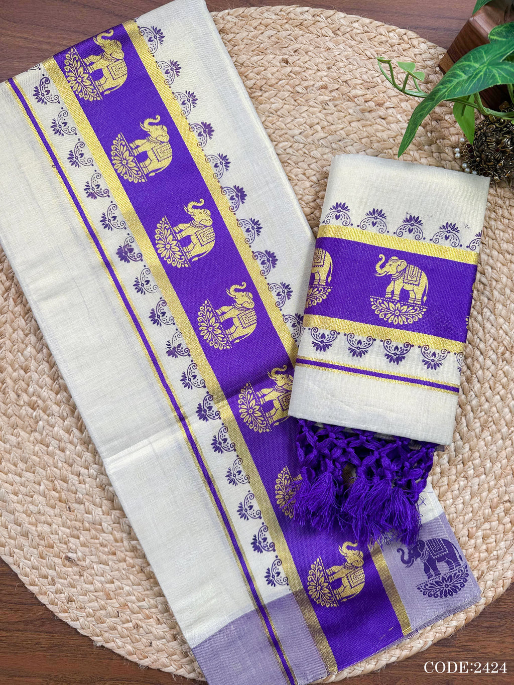 3"GT col Kottaran S.Mundu Elephant print with 2 side chittam with kunjalam