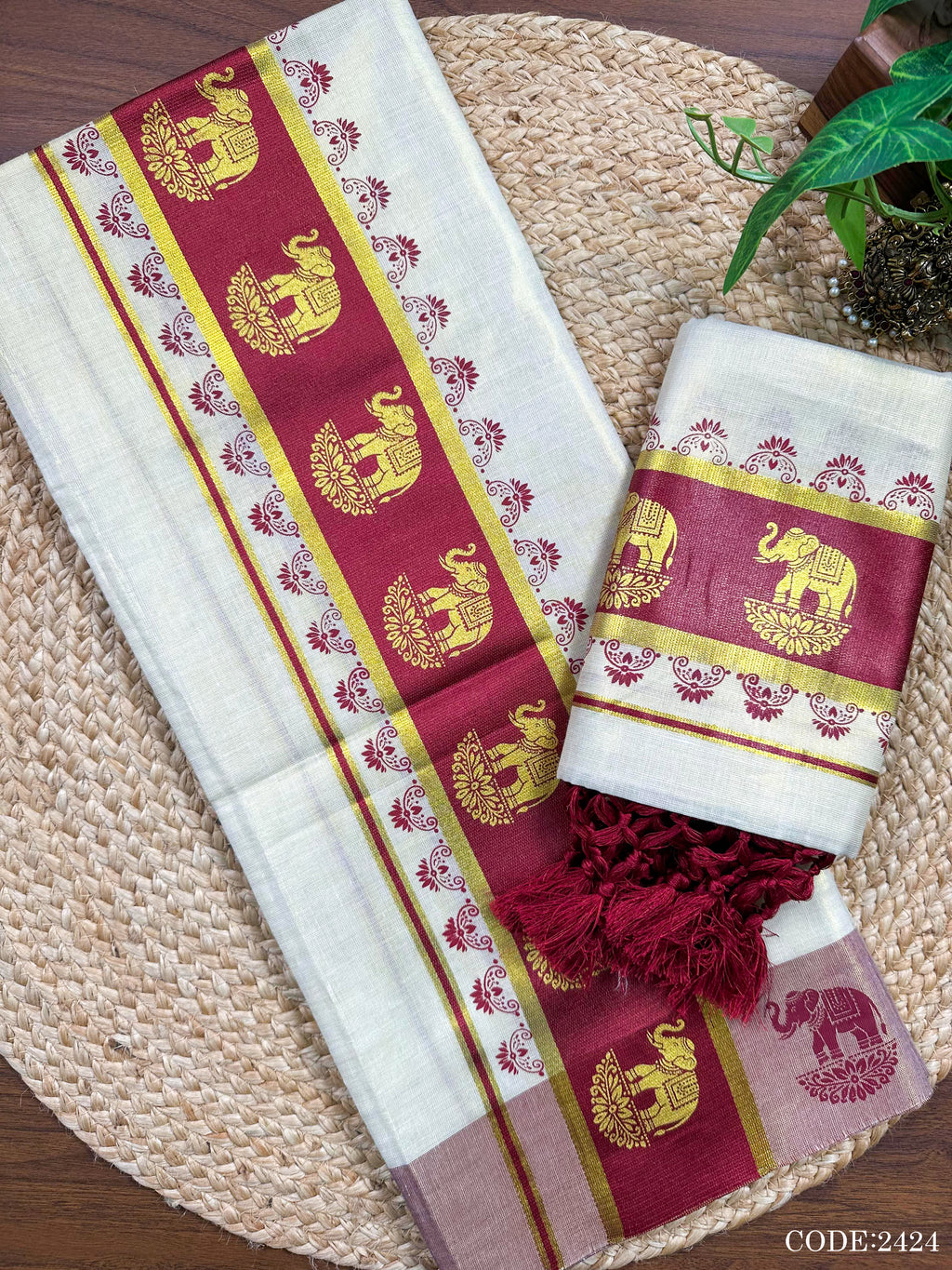 3"GT col Kottaran S.Mundu Elephant print with 2 side chittam with kunjalam