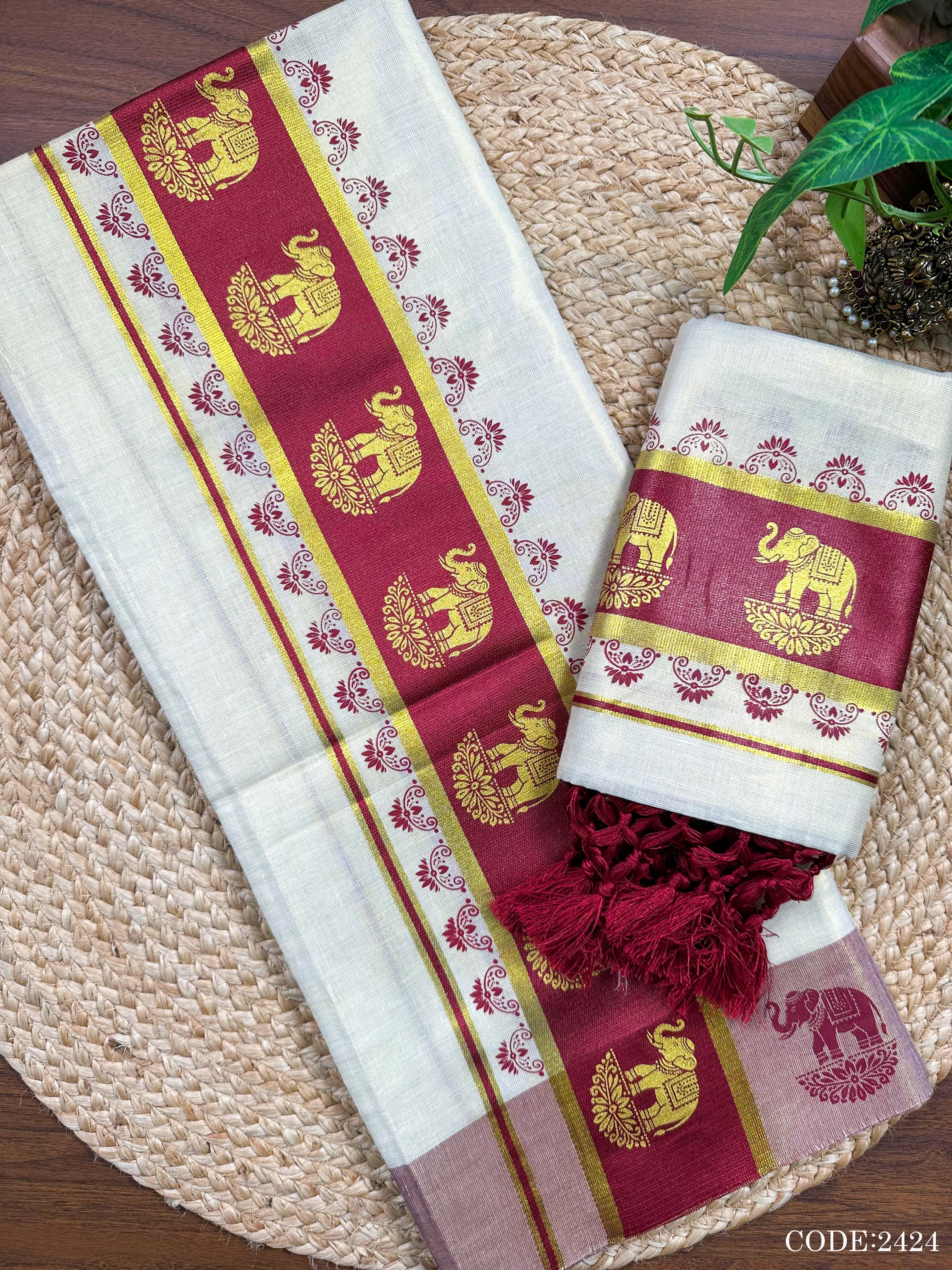 3"GT col Kottaran S.Mundu Elephant print with 2 side chittam with kunjalam