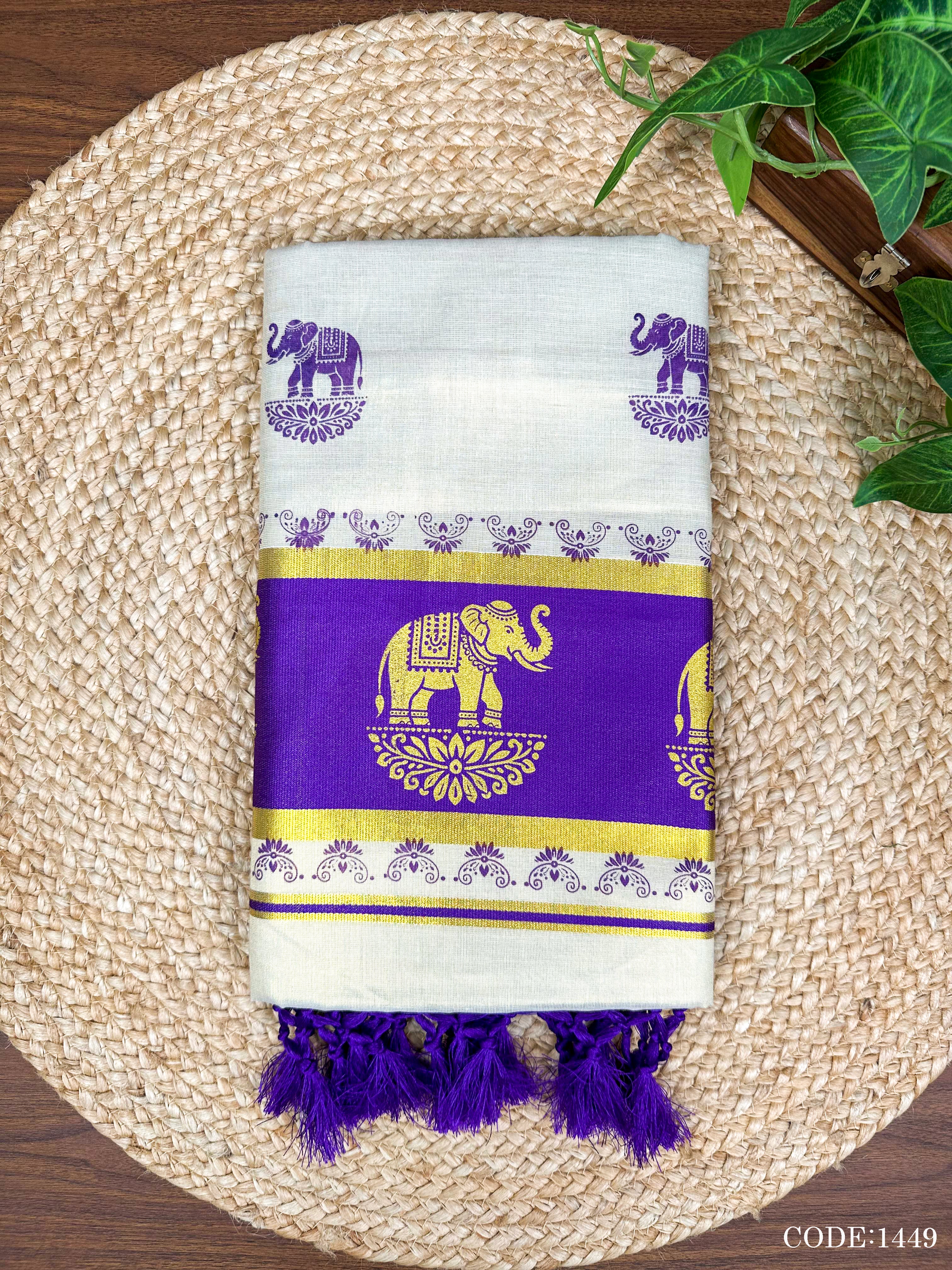 5" G Tissue col Kottaran s.saree Elephant print &chittam with kunjalam