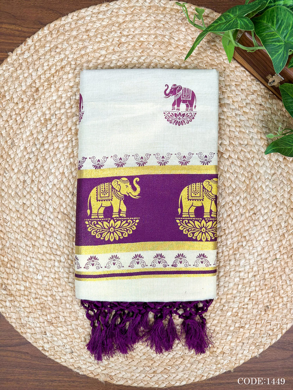 5" G Tissue col Kottaran s.saree Elephant print &chittam with kunjalam