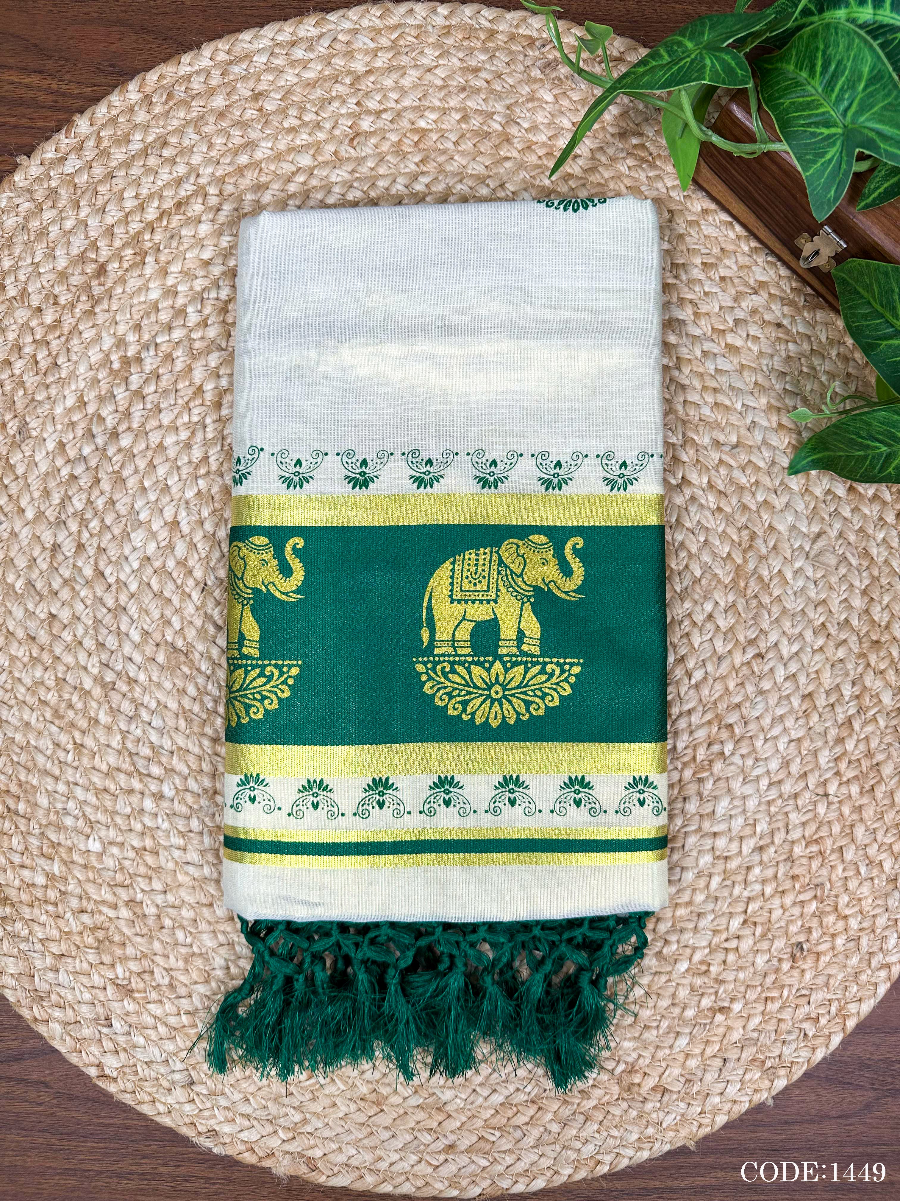 5" G Tissue col Kottaran s.saree Elephant print &chittam with kunjalam