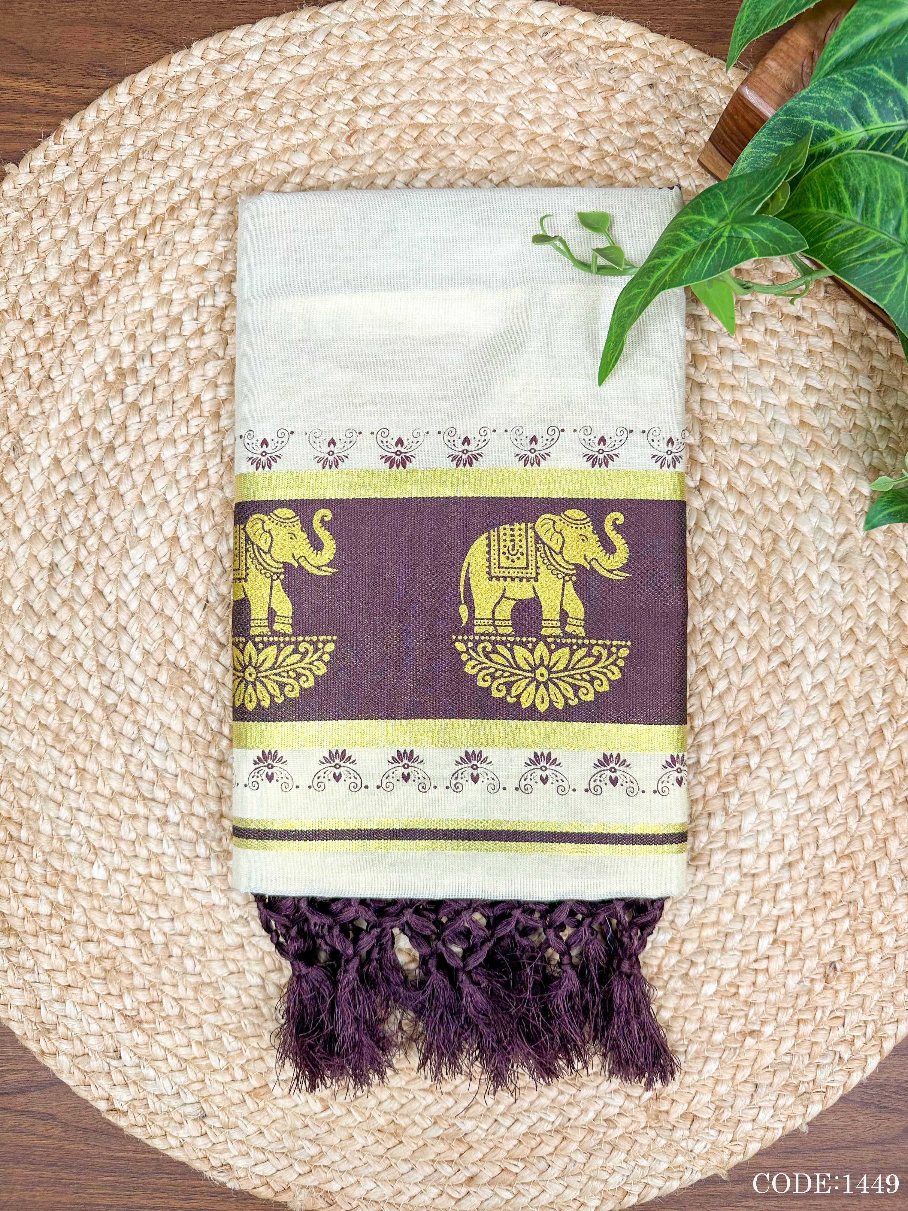 5" G Tissue col Kottaran s.saree Elephant print &chittam with kunjalam