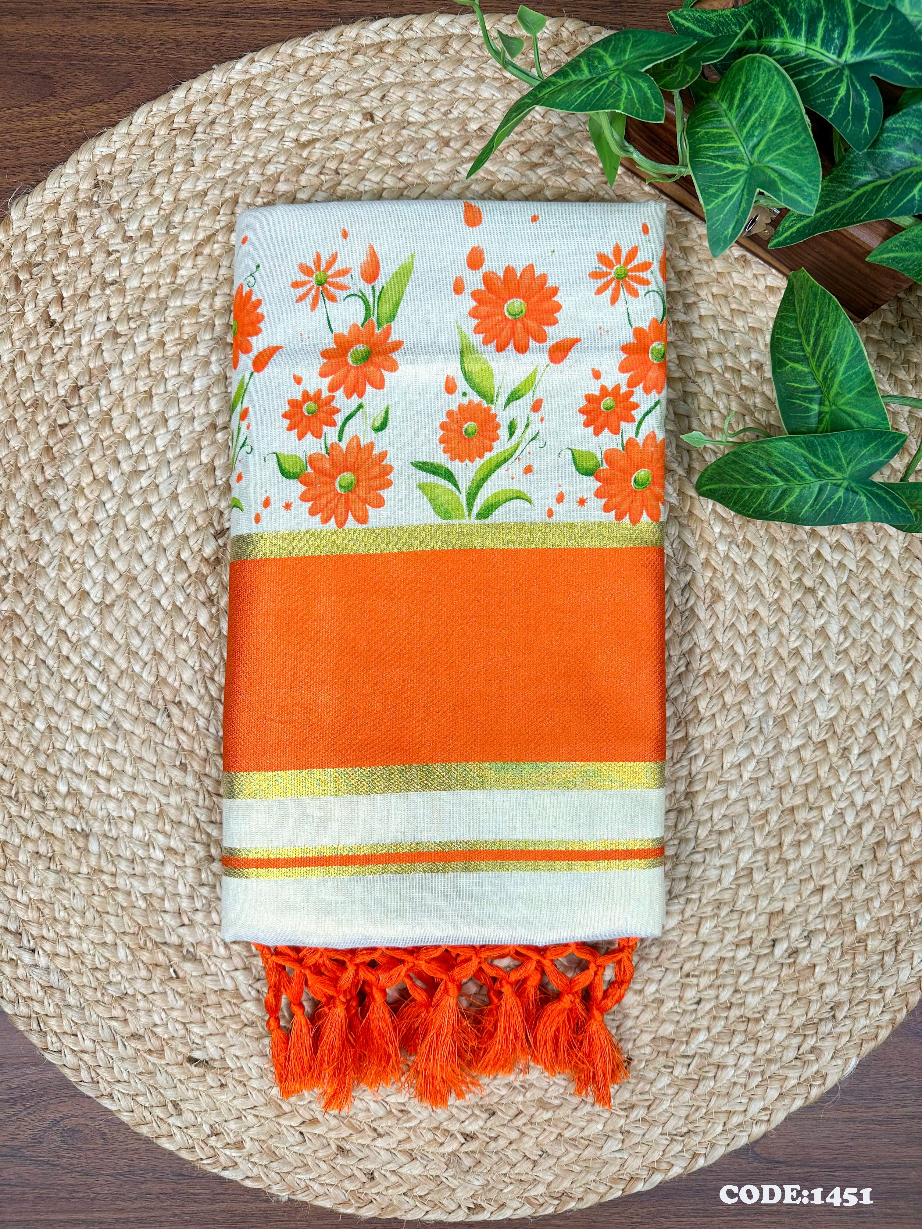 5" G Tissue col Kottaran s.saree Sunflower Print with Kunjalam