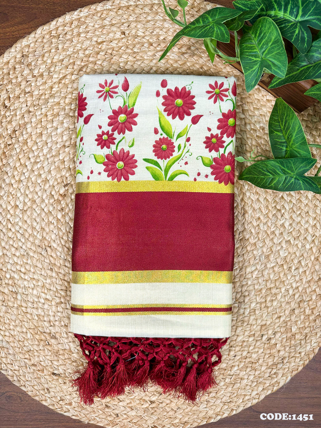 5" G Tissue col Kottaran s.saree Sunflower Print with Kunjalam