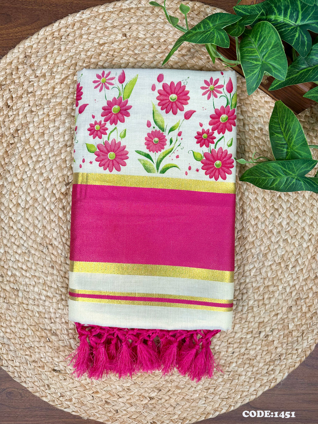 5" G Tissue col Kottaran s.saree Sunflower Print with Kunjalam