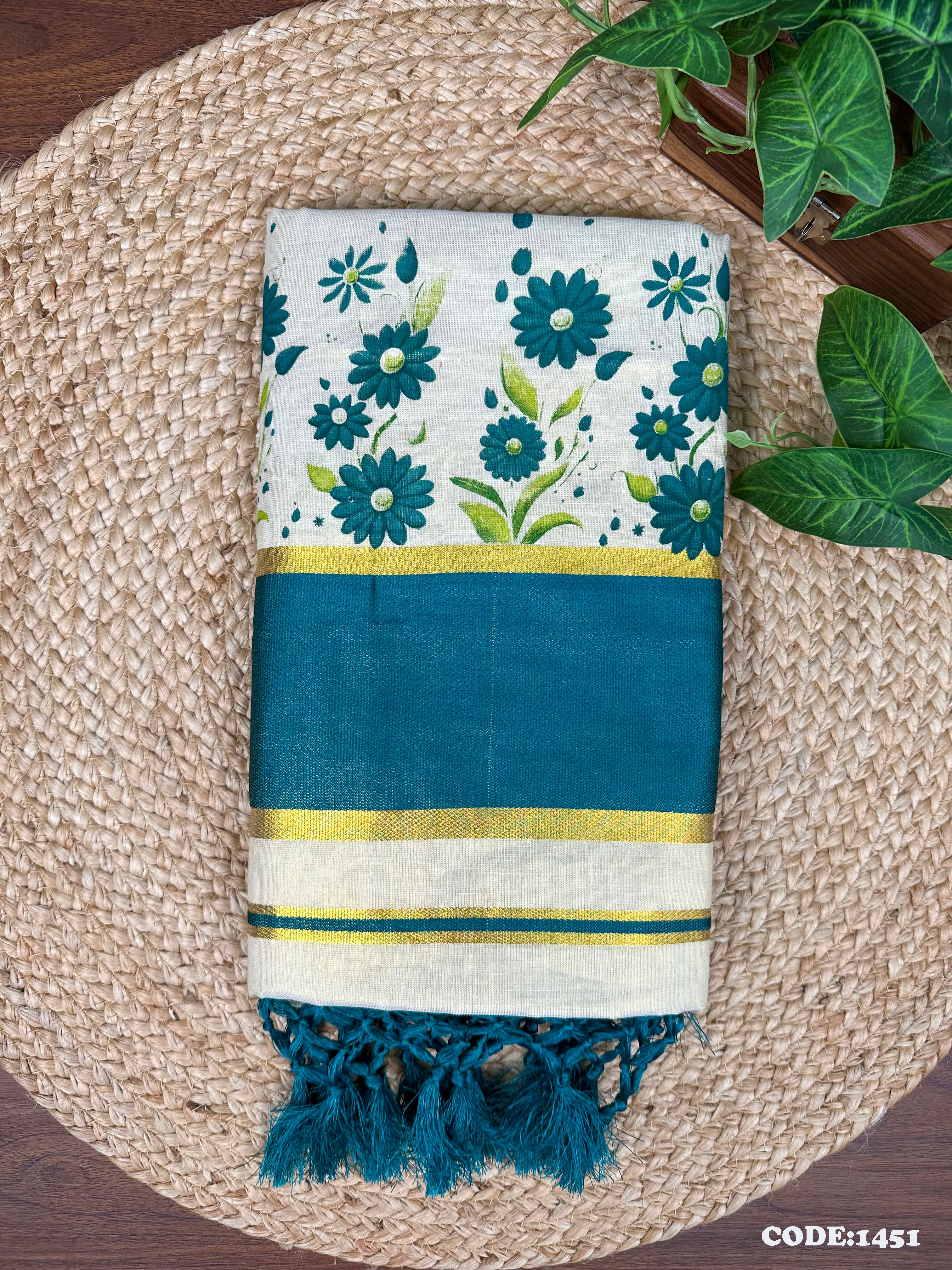 5" G Tissue col Kottaran s.saree Sunflower Print with Kunjalam