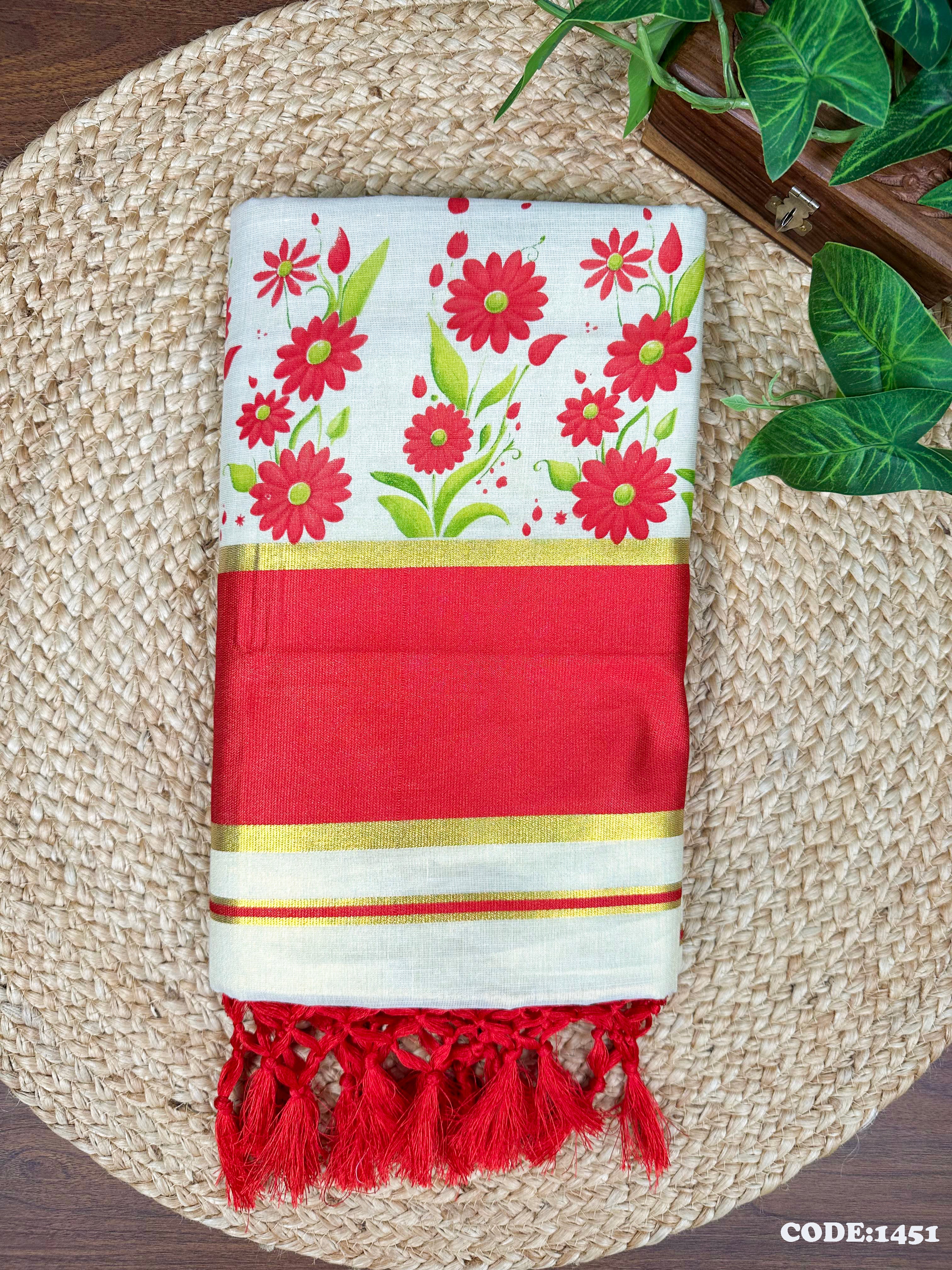 5" G Tissue col Kottaran s.saree Sunflower Print with Kunjalam