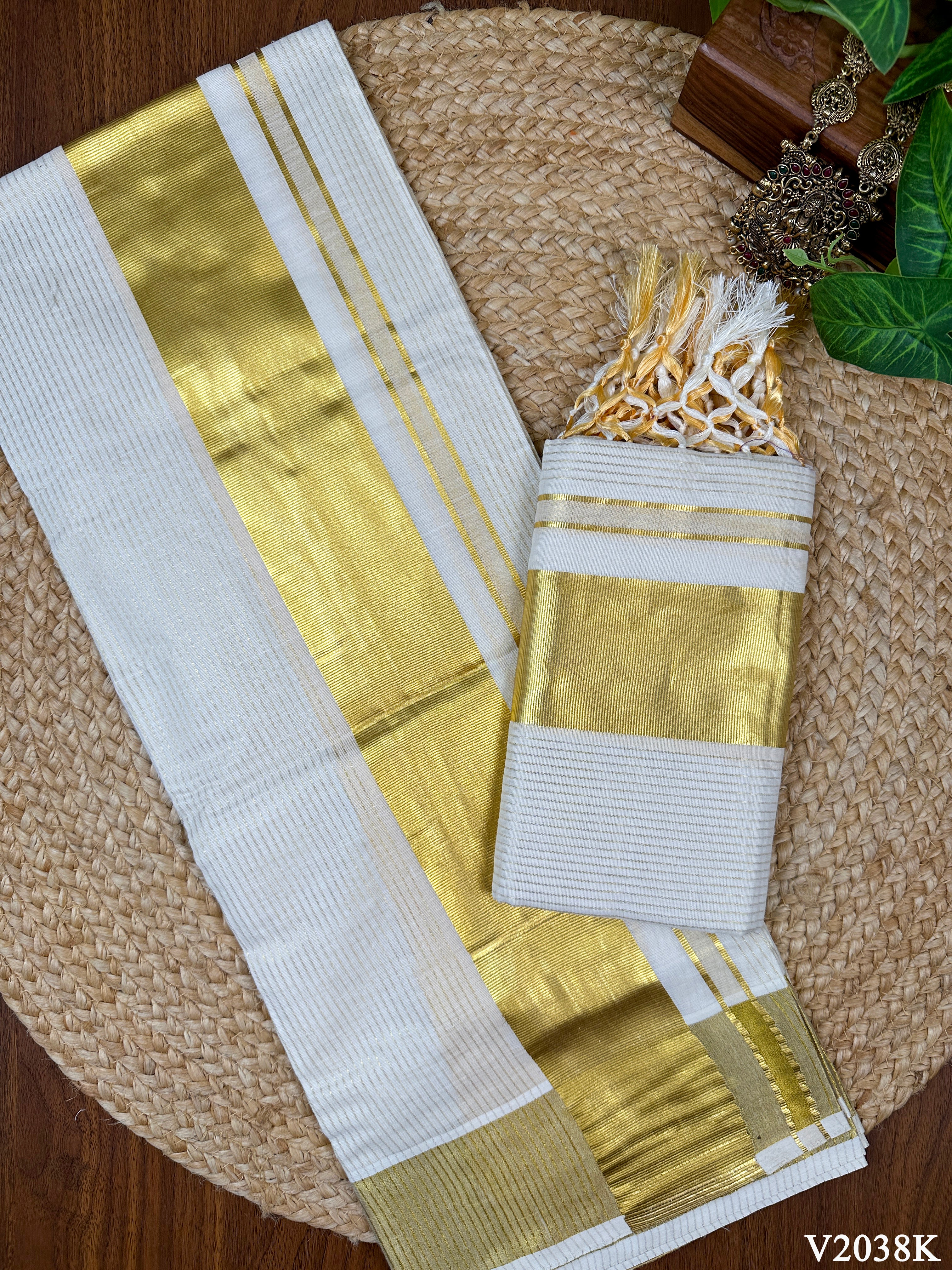 3" Cotton Stripe Set Mundu with Kunjalam