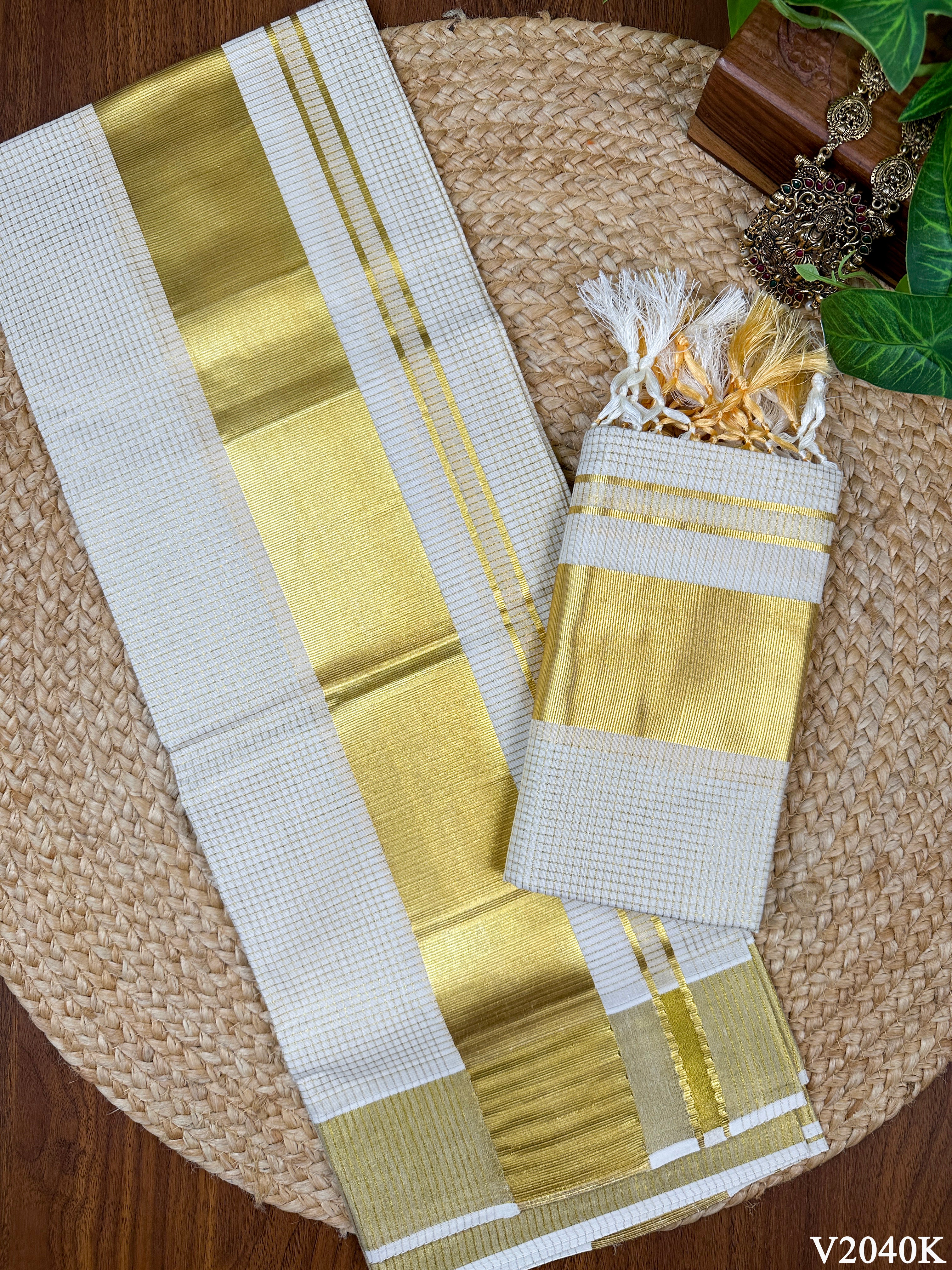3" Cotton Check Half Fine Set Mundu