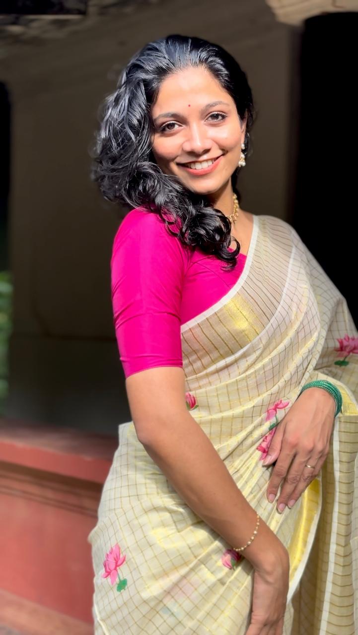 3" GT Checked Saree – Four Colour Full Body Lotus Print