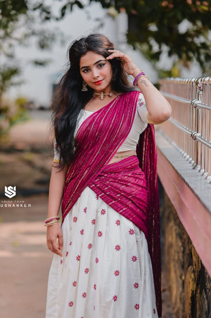 Hand-Printed Cotton Half Saree with Georgette Zari Shawl