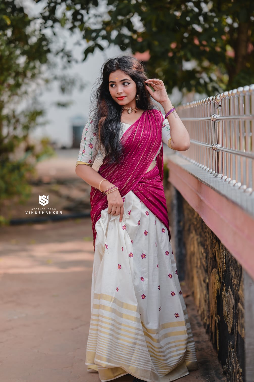 Hand-Printed Cotton Half Saree with Georgette Zari Shawl
