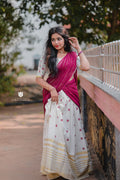 Hand-Printed Cotton Half Saree with Georgette Zari Shawl