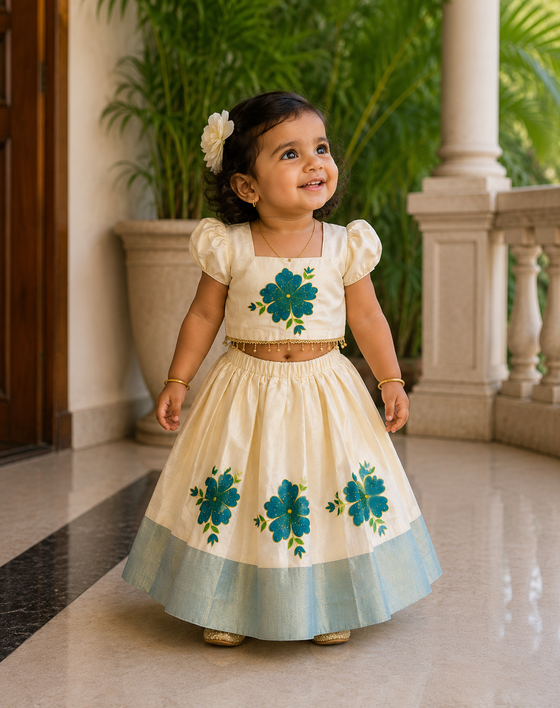 Traditional Kerala Floral Kids Top & Skirt